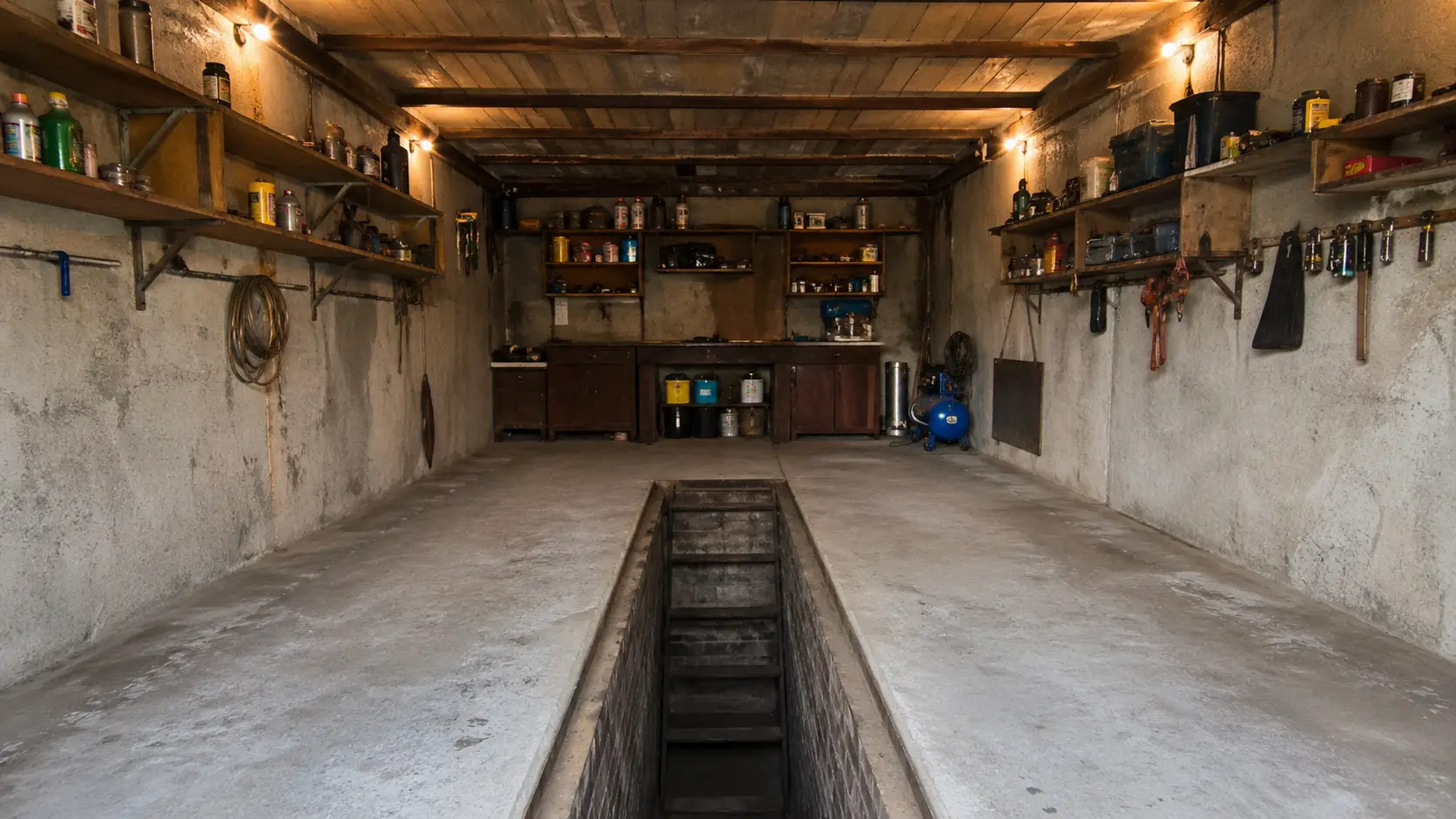 DIY garage plan: layout, hoist trolley, cabinets, basement