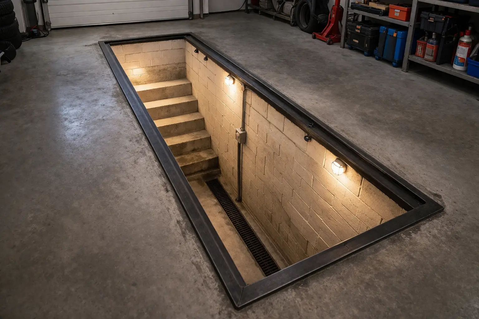 Shallow garage pit for seated car repairs & edging