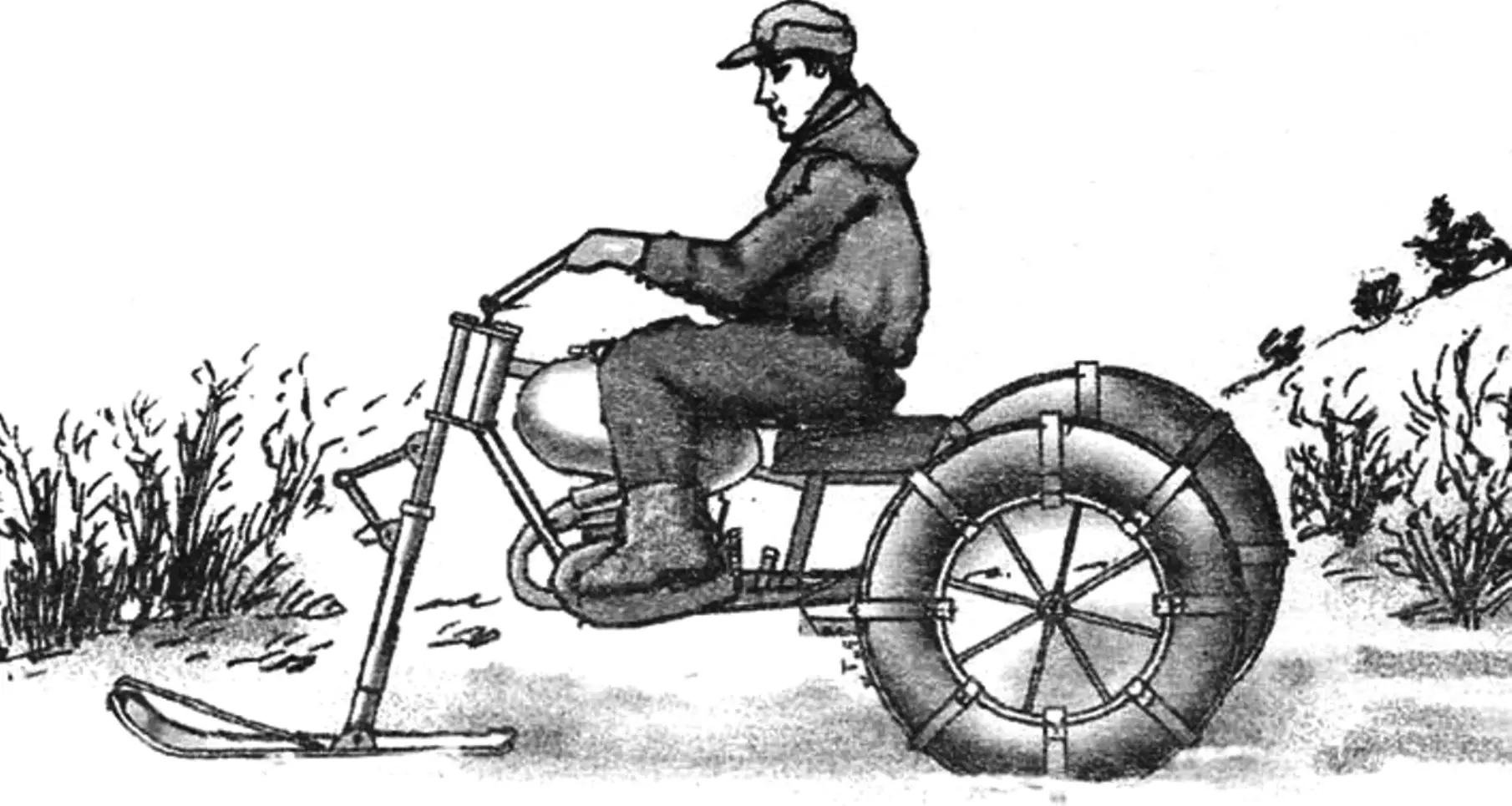 Snowmobile on pneumatics from a Minsk motorcycle