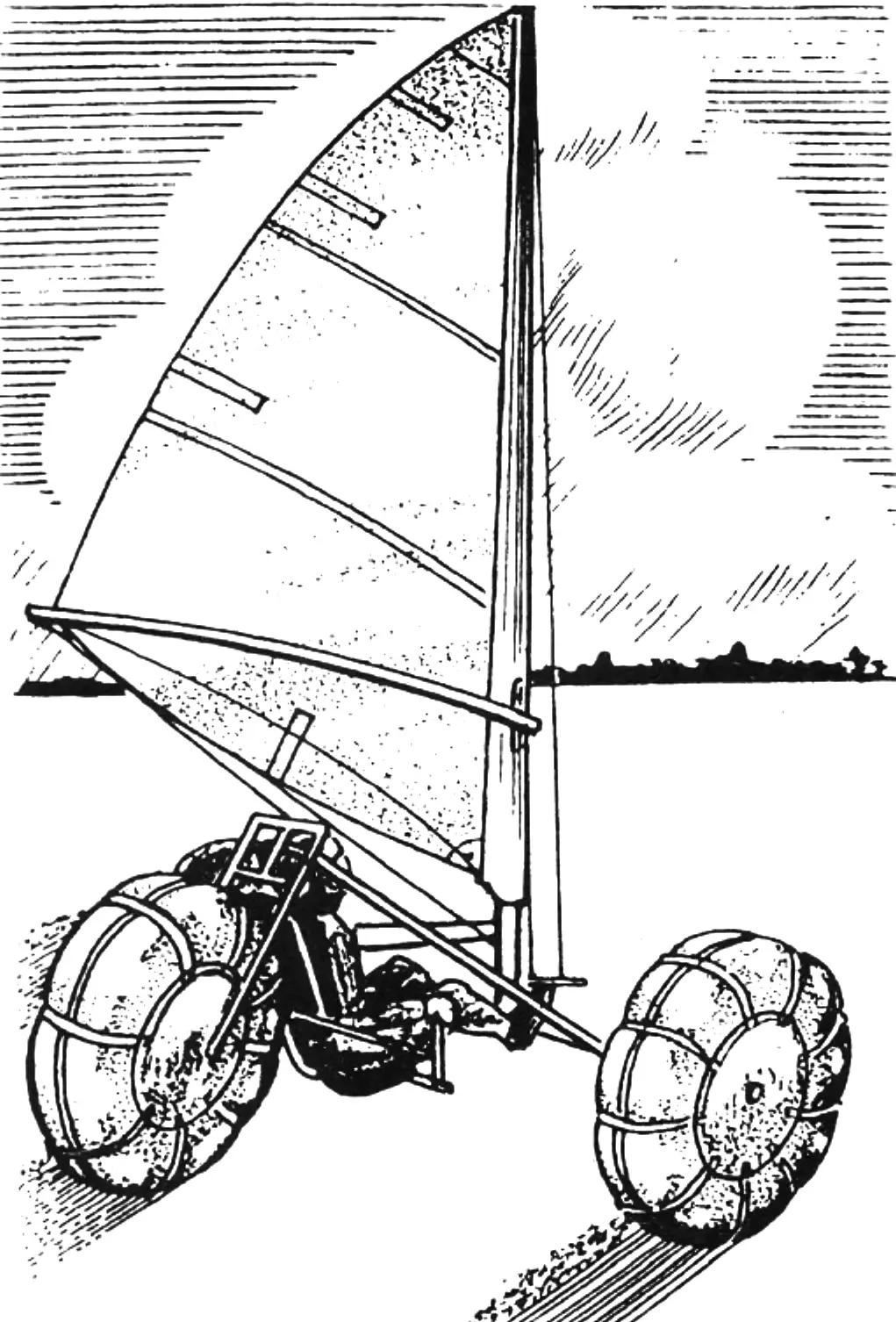 Sail land yacht on low-pressure tires: frame and sail