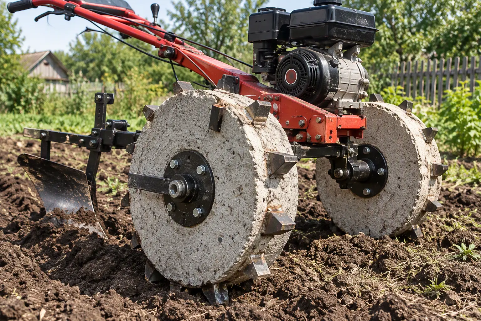 Concrete wheels for a motor plow without slip